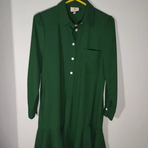 Tuckernuck Hunter Green Crepe Callahan Dress Size Small Swing Shirt Pockets - Picture 4 of 10
